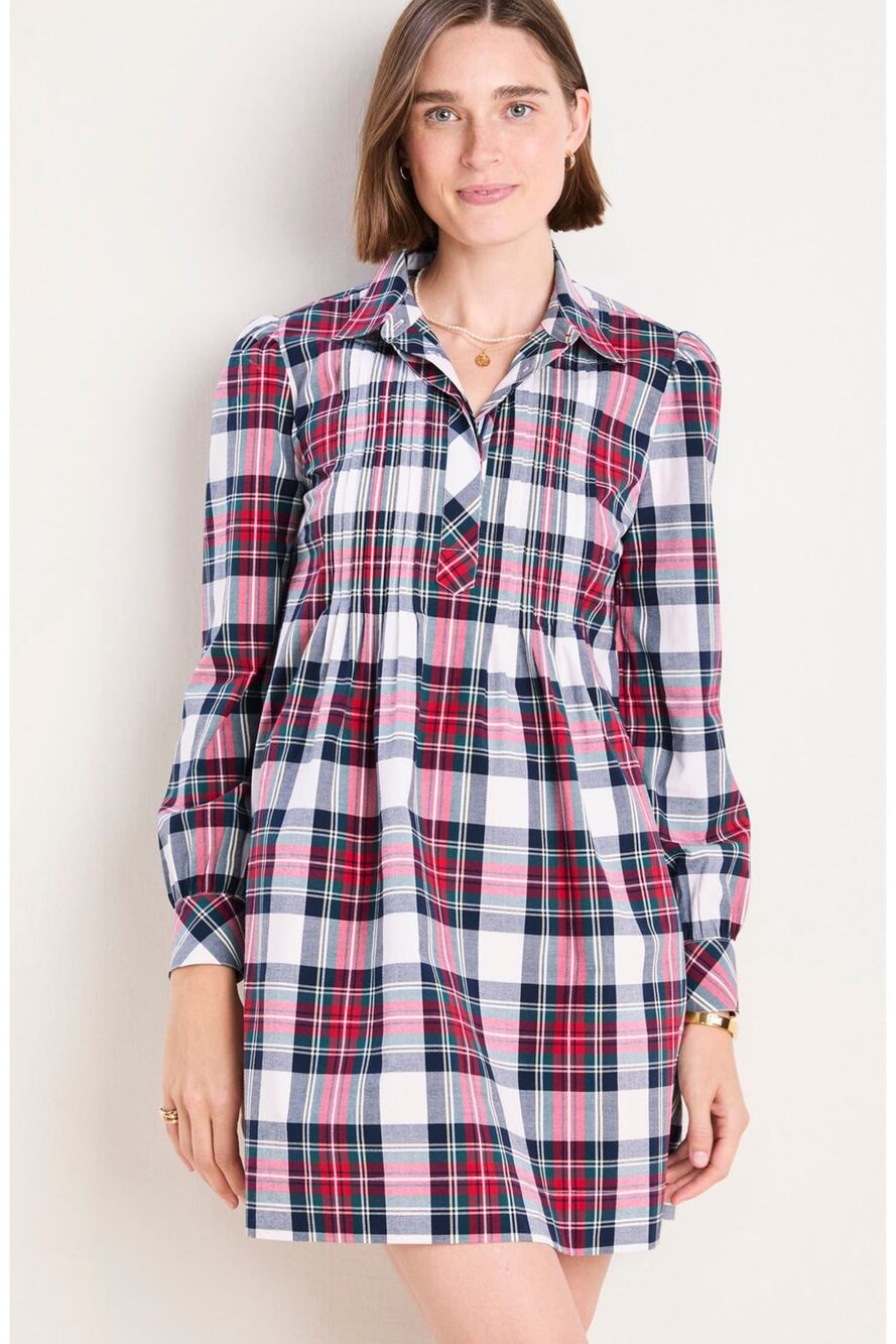 VINEYARD VINES Plaid Long Sleeve Stretch Cotton Popover Dress Size L